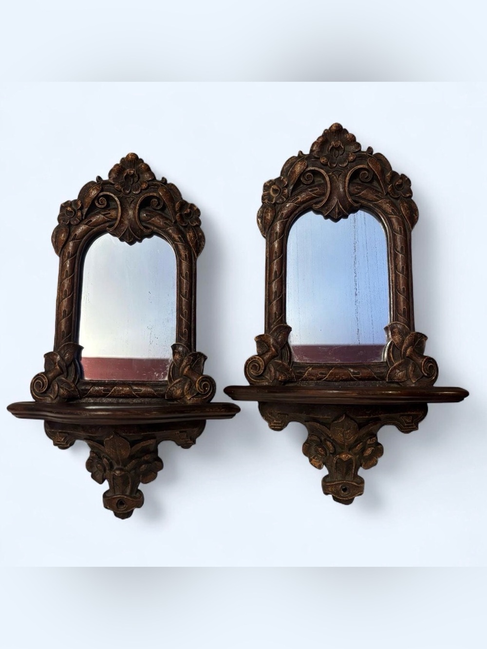 Vtg Pair Syroco Wall Mirror Shelves 13" Dark Wood Tone Ornate Sconces MCM Gothic